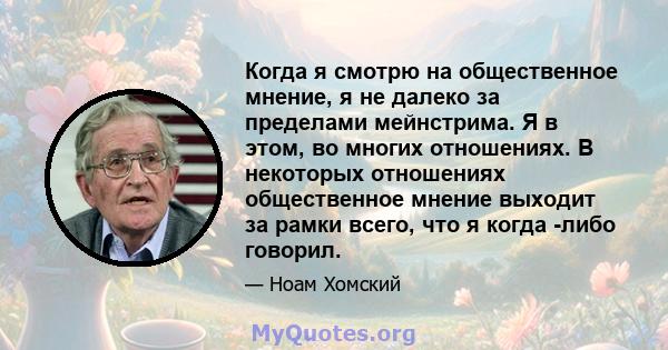 Когда я смотрю на общественное мнение, я не далеко за пределами мейнстрима. Я в этом, во многих отношениях. В некоторых отношениях общественное мнение выходит за рамки всего, что я когда -либо говорил.