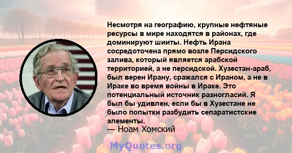 Несмотря на географию, крупные нефтяные ресурсы в мире находятся в районах, где доминируют шииты. Нефть Ирана сосредоточена прямо возле Персидского залива, который является арабской территорией, а не персидской.