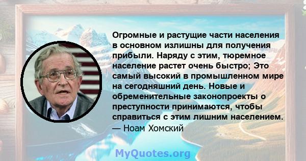 Огромные и растущие части населения в основном излишны для получения прибыли. Наряду с этим, тюремное население растет очень быстро; Это самый высокий в промышленном мире на сегодняшний день. Новые и обременительные