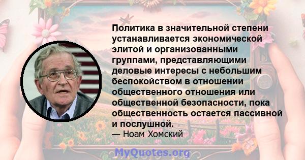 Политика в значительной степени устанавливается экономической элитой и организованными группами, представляющими деловые интересы с небольшим беспокойством в отношении общественного отношения или общественной