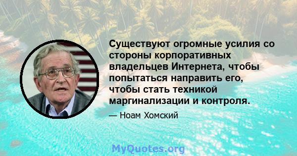 Существуют огромные усилия со стороны корпоративных владельцев Интернета, чтобы попытаться направить его, чтобы стать техникой маргинализации и контроля.