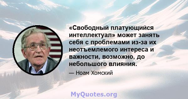 «Свободный платующийся интеллектуал» может занять себя с проблемами из-за их неотъемлемого интереса и важности, возможно, до небольшого влияния.