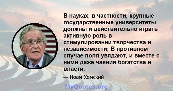 В науках, в частности, крупные государственные университеты должны и действительно играть активную роль в стимулировании творчества и независимости; В противном случае поля увядают, и вместе с ними даже чаяния богатства 