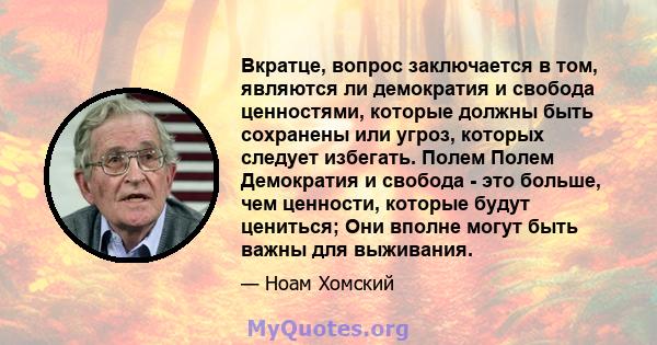 Вкратце, вопрос заключается в том, являются ли демократия и свобода ценностями, которые должны быть сохранены или угроз, которых следует избегать. Полем Полем Демократия и свобода - это больше, чем ценности, которые