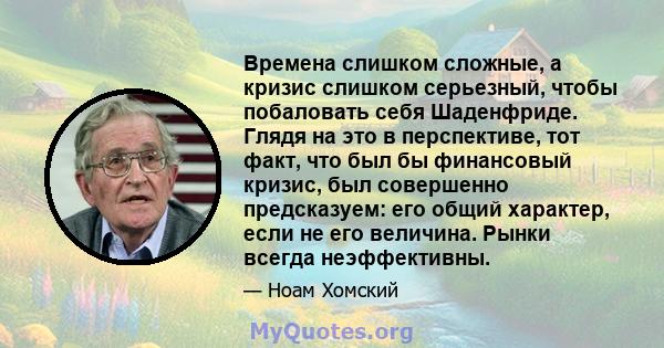 Времена слишком сложные, а кризис слишком серьезный, чтобы побаловать себя Шаденфриде. Глядя на это в перспективе, тот факт, что был бы финансовый кризис, был совершенно предсказуем: его общий характер, если не его