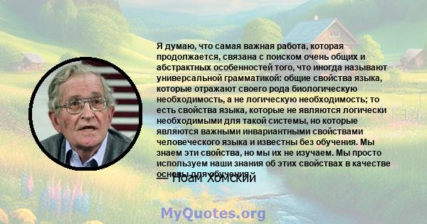 Я думаю, что самая важная работа, которая продолжается, связана с поиском очень общих и абстрактных особенностей того, что иногда называют универсальной грамматикой: общие свойства языка, которые отражают своего рода