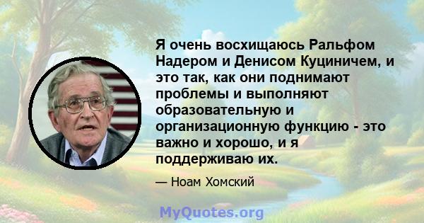 Я очень восхищаюсь Ральфом Надером и Денисом Куциничем, и это так, как они поднимают проблемы и выполняют образовательную и организационную функцию - это важно и хорошо, и я поддерживаю их.