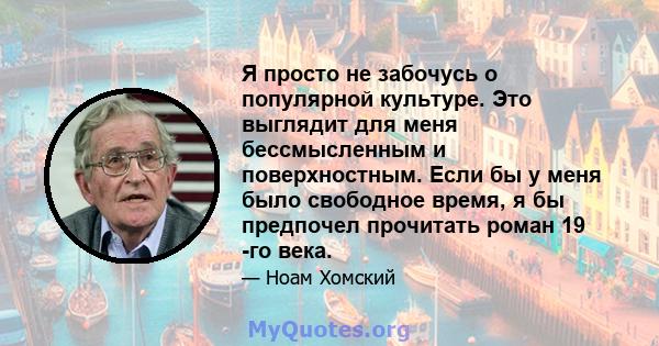 Я просто не забочусь о популярной культуре. Это выглядит для меня бессмысленным и поверхностным. Если бы у меня было свободное время, я бы предпочел прочитать роман 19 -го века.