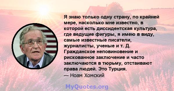 Я знаю только одну страну, по крайней мере, насколько мне известно, в которой есть диссидентская культура, где ведущие фигуры, я имею в виду, самые известные писатели, журналисты, ученые и т. Д. Гражданское