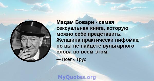 Мадам Бовари - самая сексуальная книга, которую можно себе представить. Женщина практически нифомак, но вы не найдете вульгарного слова во всем этом.