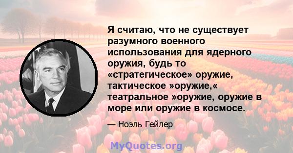 Я считаю, что не существует разумного военного использования для ядерного оружия, будь то «стратегическое» оружие, тактическое »оружие,« театральное »оружие, оружие в море или оружие в космосе.