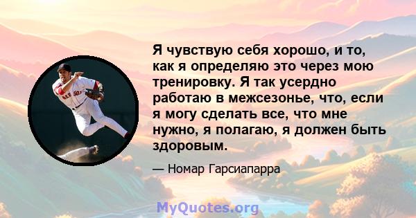 Я чувствую себя хорошо, и то, как я определяю это через мою тренировку. Я так усердно работаю в межсезонье, что, если я могу сделать все, что мне нужно, я полагаю, я должен быть здоровым.