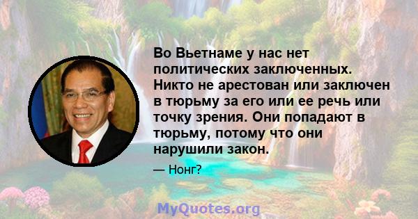 Во Вьетнаме у нас нет политических заключенных. Никто не арестован или заключен в тюрьму за его или ее речь или точку зрения. Они попадают в тюрьму, потому что они нарушили закон.