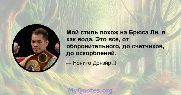 Мой стиль похож на Брюса Ли, я как вода. Это все, от оборонительного, до счетчиков, до оскорблений.