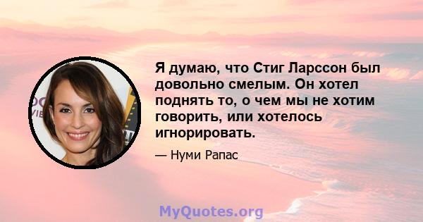 Я думаю, что Стиг Ларссон был довольно смелым. Он хотел поднять то, о чем мы не хотим говорить, или хотелось игнорировать.