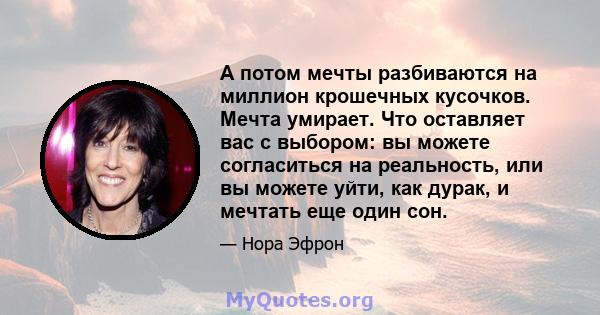 А потом мечты разбиваются на миллион крошечных кусочков. Мечта умирает. Что оставляет вас с выбором: вы можете согласиться на реальность, или вы можете уйти, как дурак, и мечтать еще один сон.