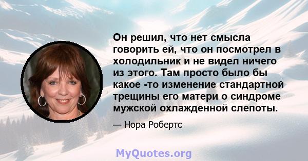 Он решил, что нет смысла говорить ей, что он посмотрел в холодильник и не видел ничего из этого. Там просто было бы какое -то изменение стандартной трещины его матери о синдроме мужской охлажденной слепоты.