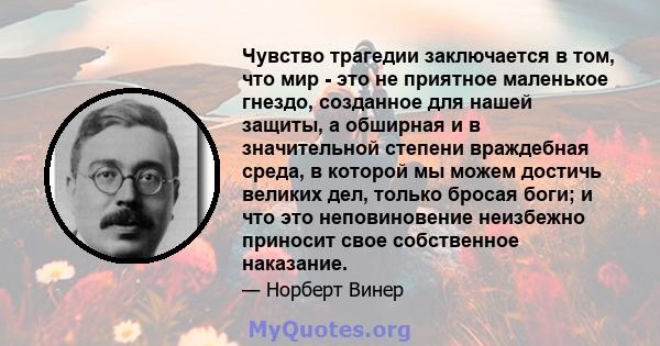 Чувство трагедии заключается в том, что мир - это не приятное маленькое гнездо, созданное для нашей защиты, а обширная и в значительной степени враждебная среда, в которой мы можем достичь великих дел, только бросая