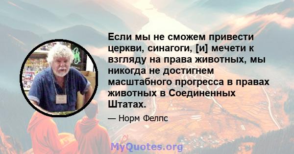 Если мы не сможем привести церкви, синагоги, [и] мечети к взгляду на права животных, мы никогда не достигнем масштабного прогресса в правах животных в Соединенных Штатах.