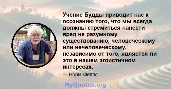 Учение Будды приводит нас к осознанию того, что мы всегда должны стремиться нанести вред не разумному существованию, человеческому или нечеловеческому, независимо от того, является ли это в нашем эгоистичном интересах.