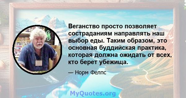 Веганство просто позволяет состраданиям направлять наш выбор еды. Таким образом, это основная буддийская практика, которая должна ожидать от всех, кто берет убежища.