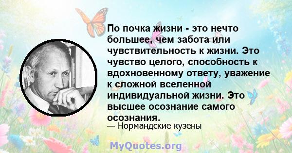 По почка жизни - это нечто большее, чем забота или чувствительность к жизни. Это чувство целого, способность к вдохновенному ответу, уважение к сложной вселенной индивидуальной жизни. Это высшее осознание самого