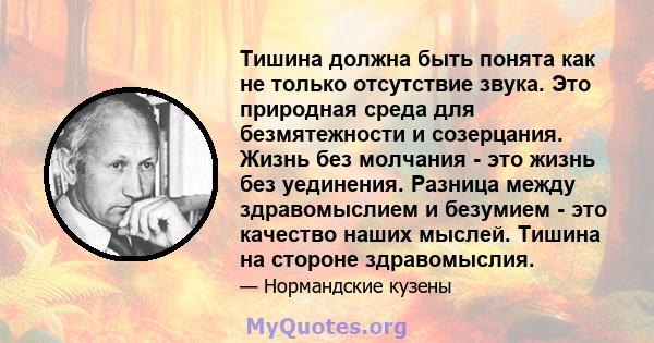 Тишина должна быть понята как не только отсутствие звука. Это природная среда для безмятежности и созерцания. Жизнь без молчания - это жизнь без уединения. Разница между здравомыслием и безумием - это качество наших