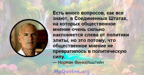 Есть много вопросов, как все знают, в Соединенных Штатах, на которых общественное мнение очень сильно наклоняется слева от политики элиты, но это потому, что общественное мнение не превратилось в политическую силу.