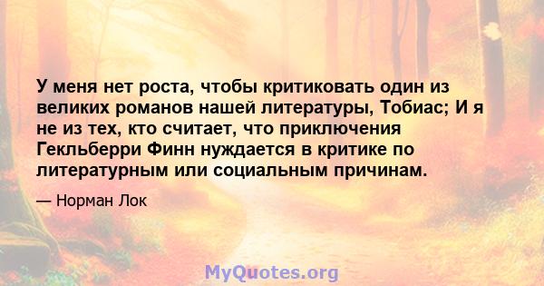 У меня нет роста, чтобы критиковать один из великих романов нашей литературы, Тобиас; И я не из тех, кто считает, что приключения Гекльберри Финн нуждается в критике по литературным или социальным причинам.