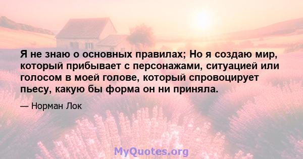 Я не знаю о основных правилах; Но я создаю мир, который прибывает с персонажами, ситуацией или голосом в моей голове, который спровоцирует пьесу, какую бы форма он ни приняла.