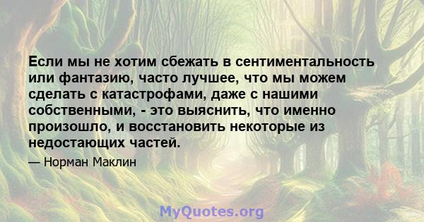 Если мы не хотим сбежать в сентиментальность или фантазию, часто лучшее, что мы можем сделать с катастрофами, даже с нашими собственными, - это выяснить, что именно произошло, и восстановить некоторые из недостающих