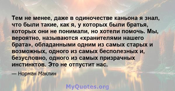 Тем не менее, даже в одиночестве каньона я знал, что были такие, как я, у которых были братья, которых они не понимали, но хотели помочь. Мы, вероятно, называются «хранителями нашего брата», обладанными одним из самых