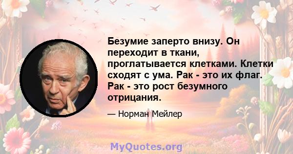 Безумие заперто внизу. Он переходит в ткани, проглатывается клетками. Клетки сходят с ума. Рак - это их флаг. Рак - это рост безумного отрицания.