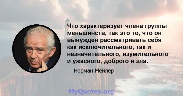 Что характеризует члена группы меньшинств, так это то, что он вынужден рассматривать себя как исключительного, так и незначительного, изумительного и ужасного, доброго и зла.