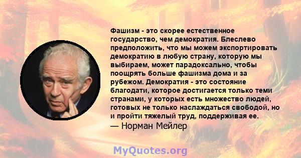 Фашизм - это скорее естественное государство, чем демократия. Блеслево предположить, что мы можем экспортировать демократию в любую страну, которую мы выбираем, может парадоксально, чтобы поощрять больше фашизма дома и