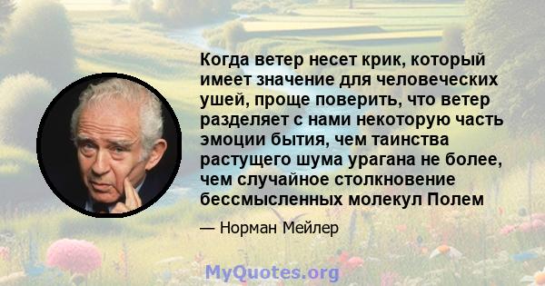 Когда ветер несет крик, который имеет значение для человеческих ушей, проще поверить, что ветер разделяет с нами некоторую часть эмоции бытия, чем таинства растущего шума урагана не более, чем случайное столкновение