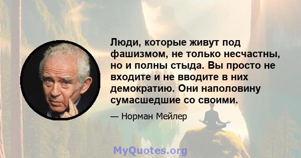 Люди, которые живут под фашизмом, не только несчастны, но и полны стыда. Вы просто не входите и не вводите в них демократию. Они наполовину сумасшедшие со своими.