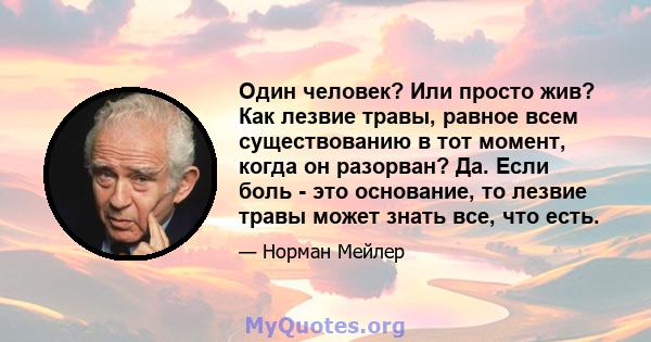 Один человек? Или просто жив? Как лезвие травы, равное всем существованию в тот момент, когда он разорван? Да. Если боль - это основание, то лезвие травы может знать все, что есть.