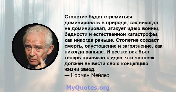 Столетие будет стремиться доминировать в природе, как никогда не доминировал, атакует идею войны, бедности и естественной катастрофы, как никогда раньше. Столетие создаст смерть, опустошение и загрязнение, как никогда