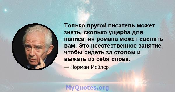 Только другой писатель может знать, сколько ущерба для написания романа может сделать вам. Это неестественное занятие, чтобы сидеть за столом и выжать из себя слова.