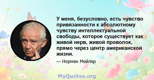 У меня, безусловно, есть чувство привязанности к абсолютному чувству интеллектуальной свободы, которое существует как живой нерв, живой проволок, прямо через центр американской жизни.