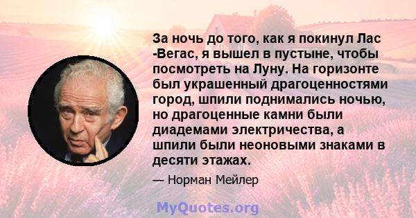 За ночь до того, как я покинул Лас -Вегас, я вышел в пустыне, чтобы посмотреть на Луну. На горизонте был украшенный драгоценностями город, шпили поднимались ночью, но драгоценные камни были диадемами электричества, а