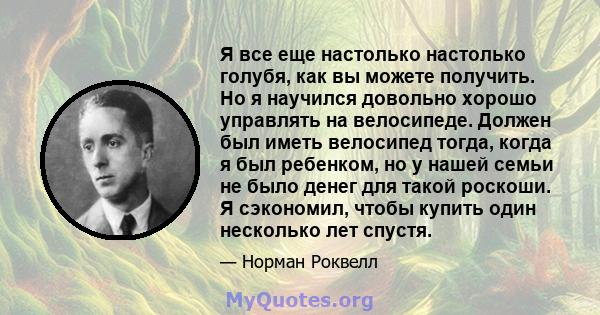 Я все еще настолько настолько голубя, как вы можете получить. Но я научился довольно хорошо управлять на велосипеде. Должен был иметь велосипед тогда, когда я был ребенком, но у нашей семьи не было денег для такой