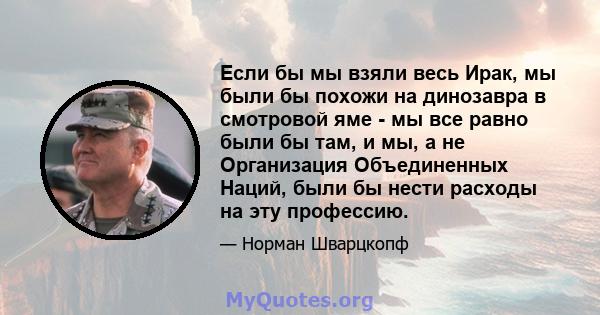 Если бы мы взяли весь Ирак, мы были бы похожи на динозавра в смотровой яме - мы все равно были бы там, и мы, а не Организация Объединенных Наций, были бы нести расходы на эту профессию.