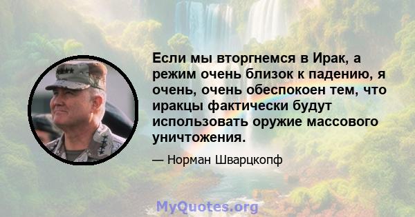 Если мы вторгнемся в Ирак, а режим очень близок к падению, я очень, очень обеспокоен тем, что иракцы фактически будут использовать оружие массового уничтожения.