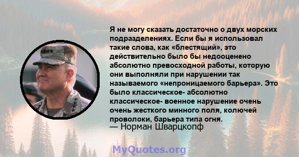 Я не могу сказать достаточно о двух морских подразделениях. Если бы я использовал такие слова, как «блестящий», это действительно было бы недооценено абсолютно превосходной работы, которую они выполняли при нарушении