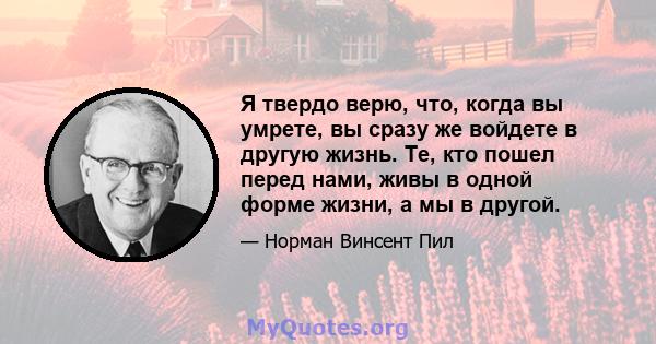 Я твердо верю, что, когда вы умрете, вы сразу же войдете в другую жизнь. Те, кто пошел перед нами, живы в одной форме жизни, а мы в другой.