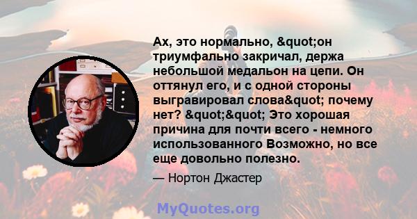 Ах, это нормально, "он триумфально закричал, держа небольшой медальон на цепи. Он оттянул его, и с одной стороны выгравировал слова" почему нет? "" Это хорошая причина для почти всего - немного