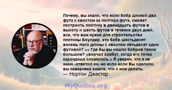 Почему, вы знали, что если бобр длиной два фута с хвостом за полтора фута, сможет построить плотину в двенадцать футов в высоту и шесть футов в течение двух дней, все, что вам нужно для строительства плотины Боулдер,