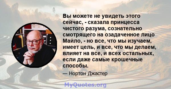 Вы можете не увидеть этого сейчас, - сказала принцесса чистого разума, сознательно смотрящего на озадаченное лицо Майло, - но все, что мы изучаем, имеет цель, и все, что мы делаем, влияет на все, и всех остальных, если